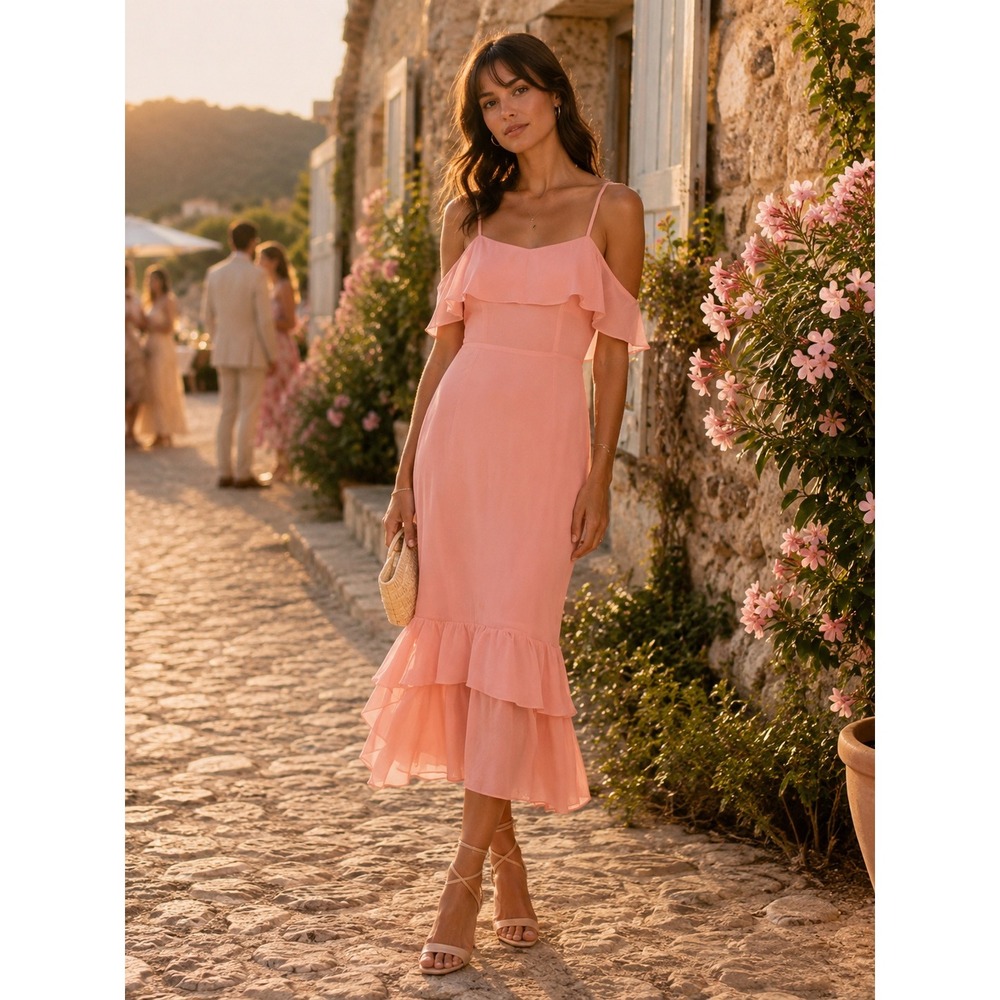 Reformation Pink Ruffle Midi Dress